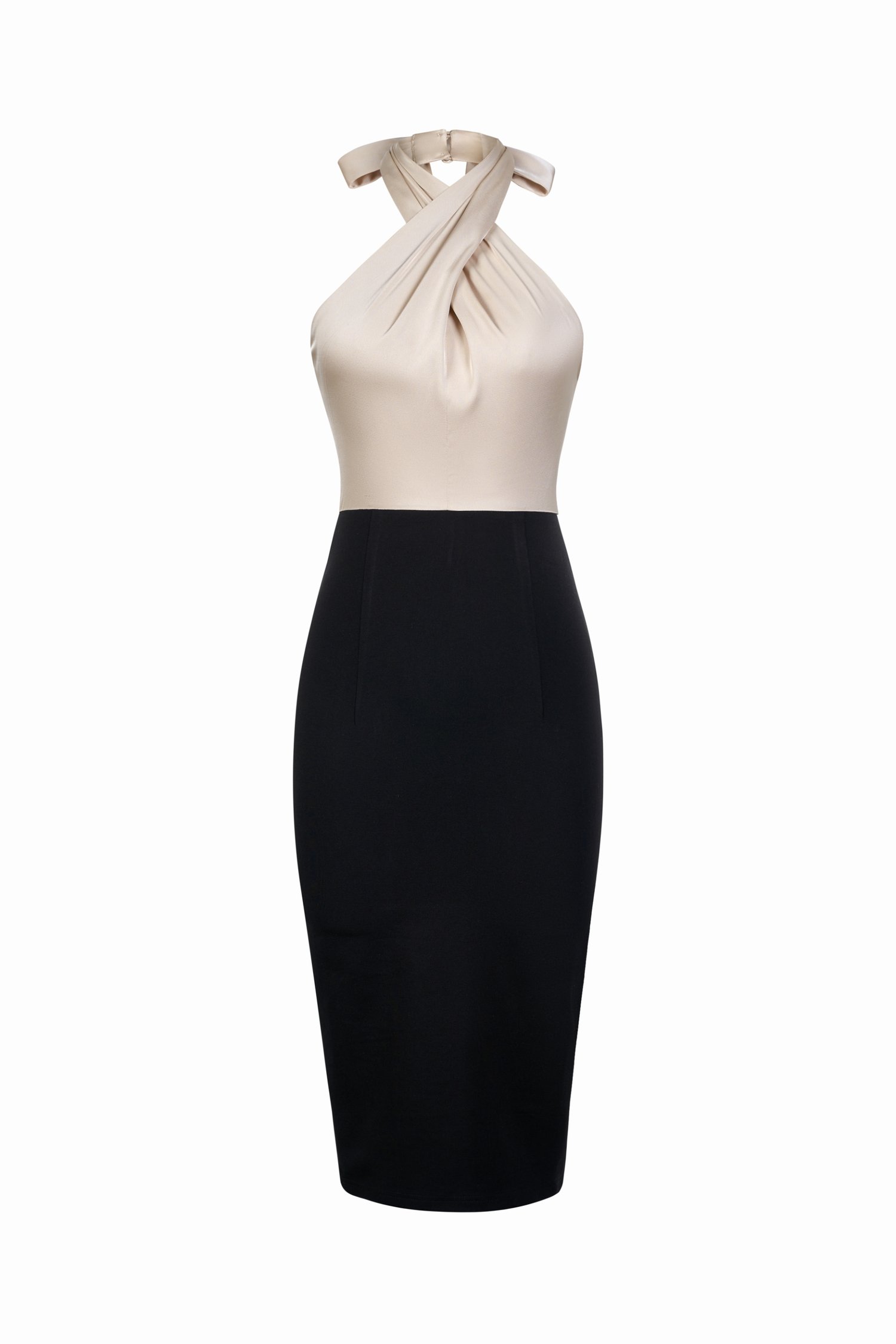 Veryn Detachable Ribbon Halter Neck Pencil Dress in Cream/Black