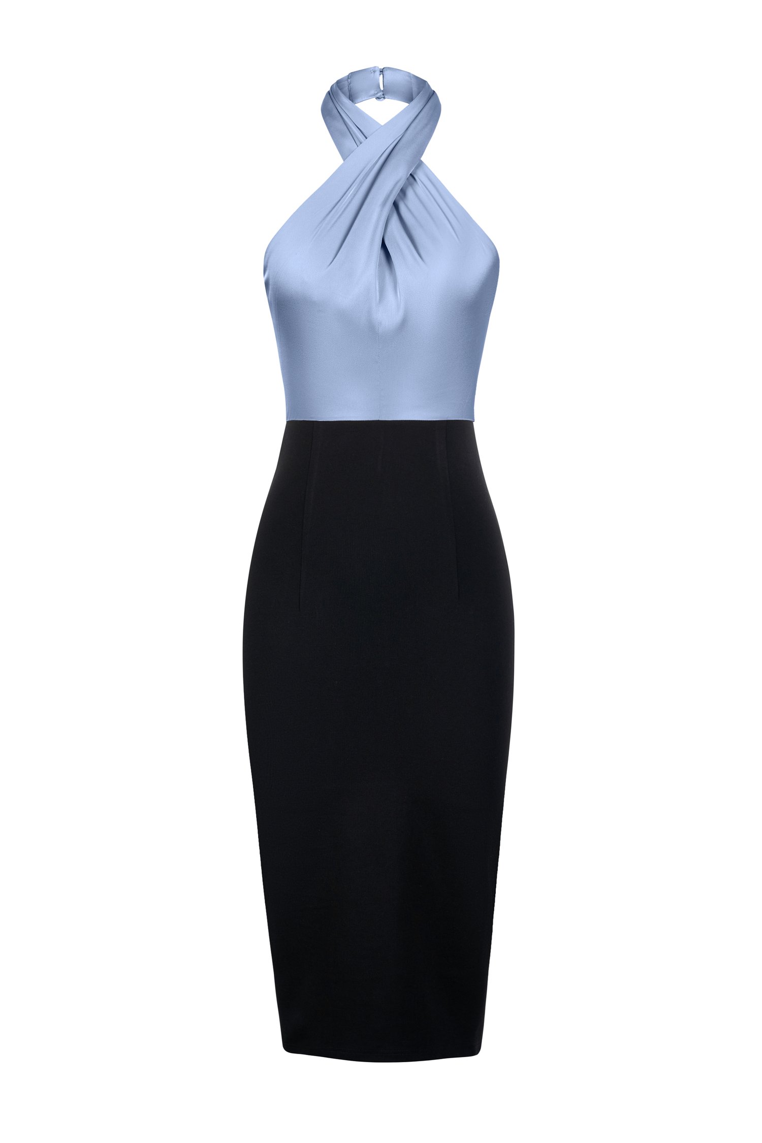 Veryn Detachable Ribbon Halter Neck Pencil Dress in Titanium Blue/Black