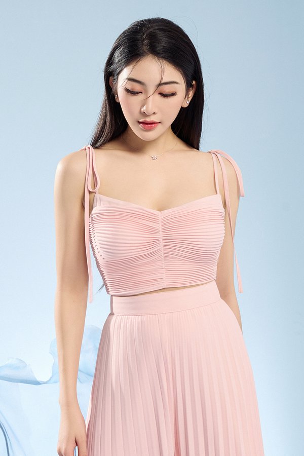Callie Pleated Spaghetti Ribbon Straps Cropped Top in Teacup Rose