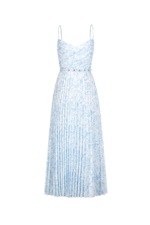 Eden Pleated Maxi Dress in Soft Blue Toile de Jouy