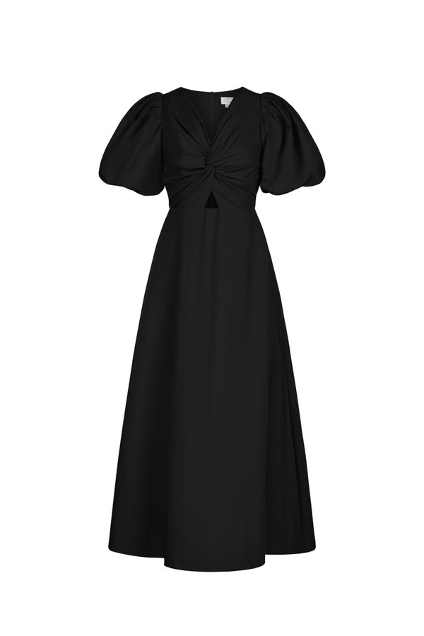Ellie Puffy Sleeves Midi Dress in Classic Black