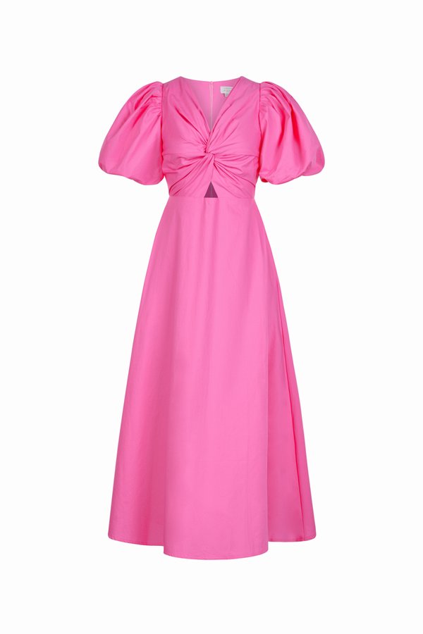 Ellie Puffy Sleeves Midi Dress in Hot Pink