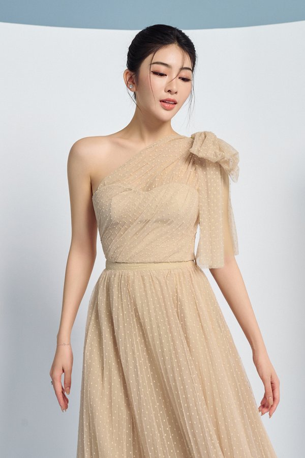 Ember Tulle Detachable Bow Toga Cropped Top in Nude