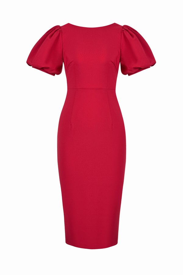 Emery Puffy Sleeves Pencil Dress in True Red