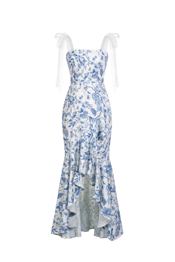 Everlee Movement Mermaid Dress with Organza Ribbon Straps in Avery Blue Éclat Toile de Jouy