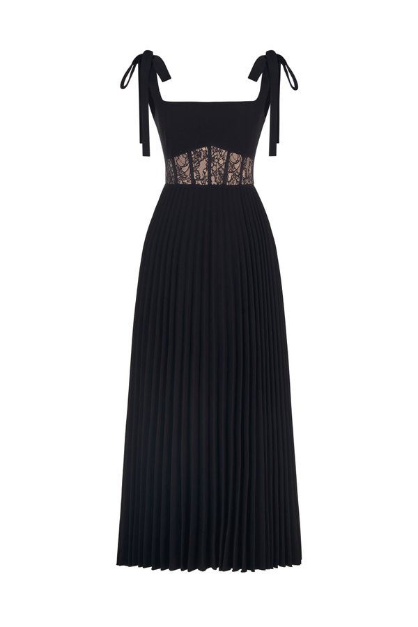 Hope Ribbon Straps Pleated Maxi Dress In Classic Black