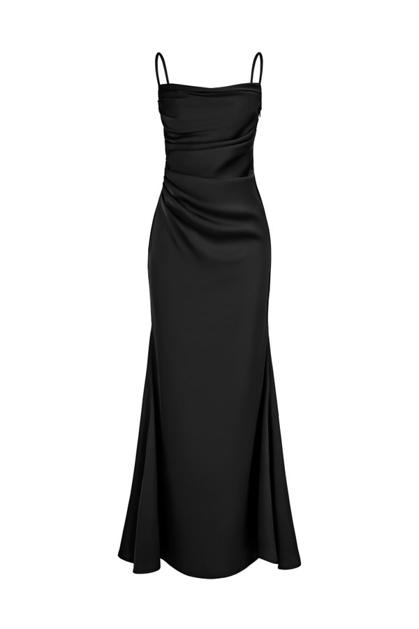 Krystelle Silky Satin Padded Maxi Dress in Classic Black