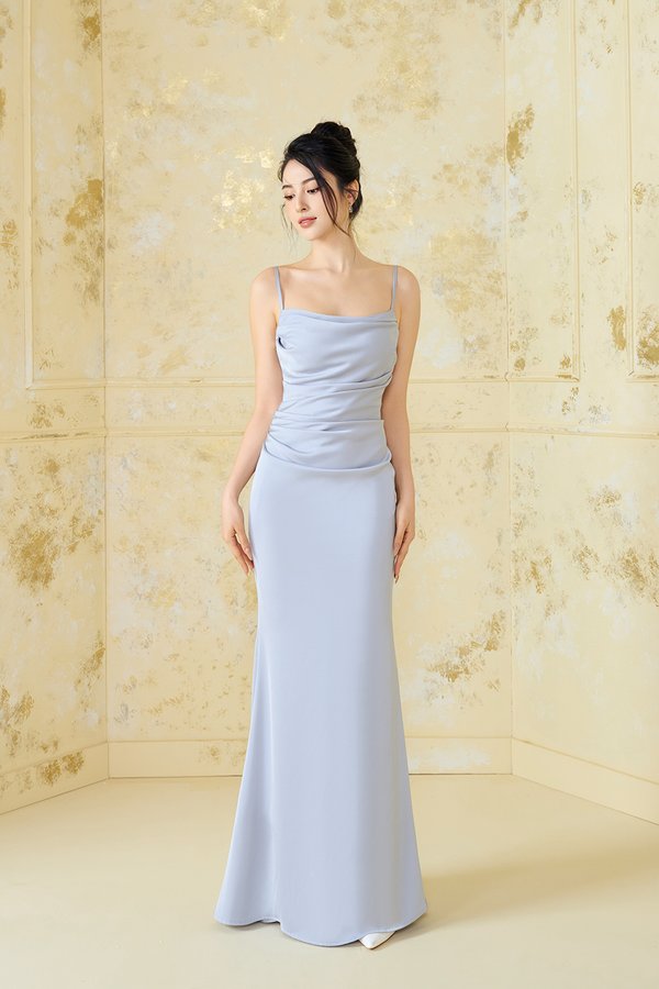 Krystelle Silky Satin Padded Maxi Dress in Icy Blue