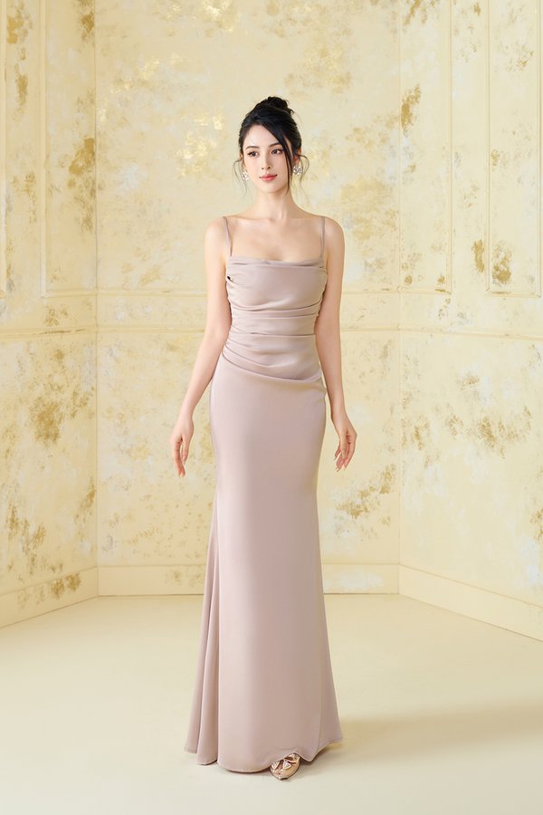 Krystelle Silky Satin Padded Maxi Dress in Rose Gold Champagne