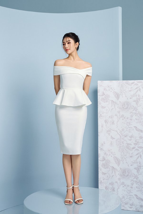 Lucille Off the Shoulder Pepum Pencil Dress in Iconic White