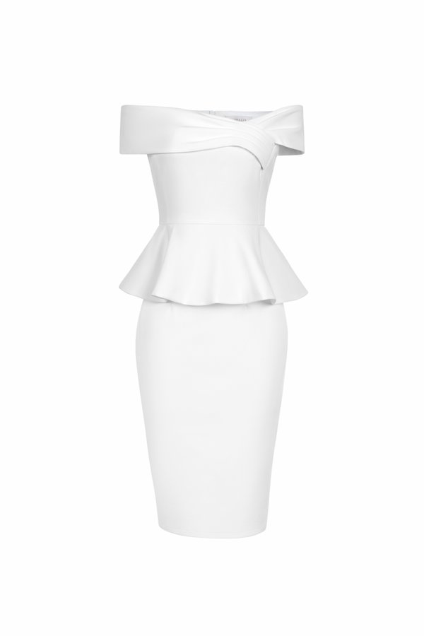 Lucille Off the Shoulder Pepum Pencil Dress in Iconic White
