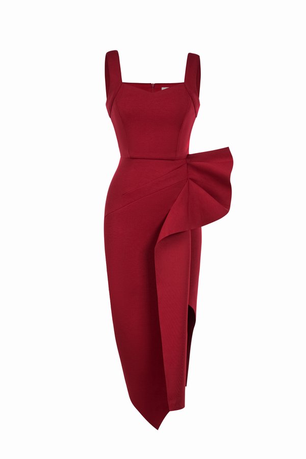 Odessa Asymmetric Origami Dress in Wine Red