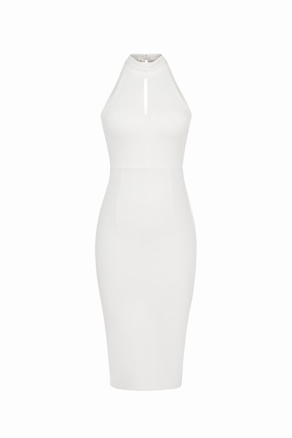 Sonnet Halterneck Open Back Pearl Pencil Dress in Iconic White