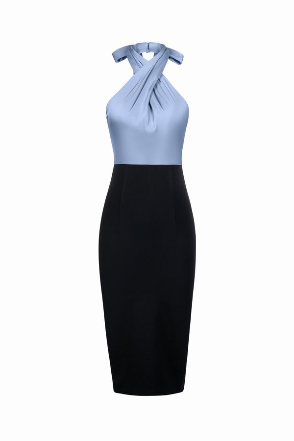 Veryn Detachable Ribbon Halter Neck Pencil Dress in Titanium Blue/Black