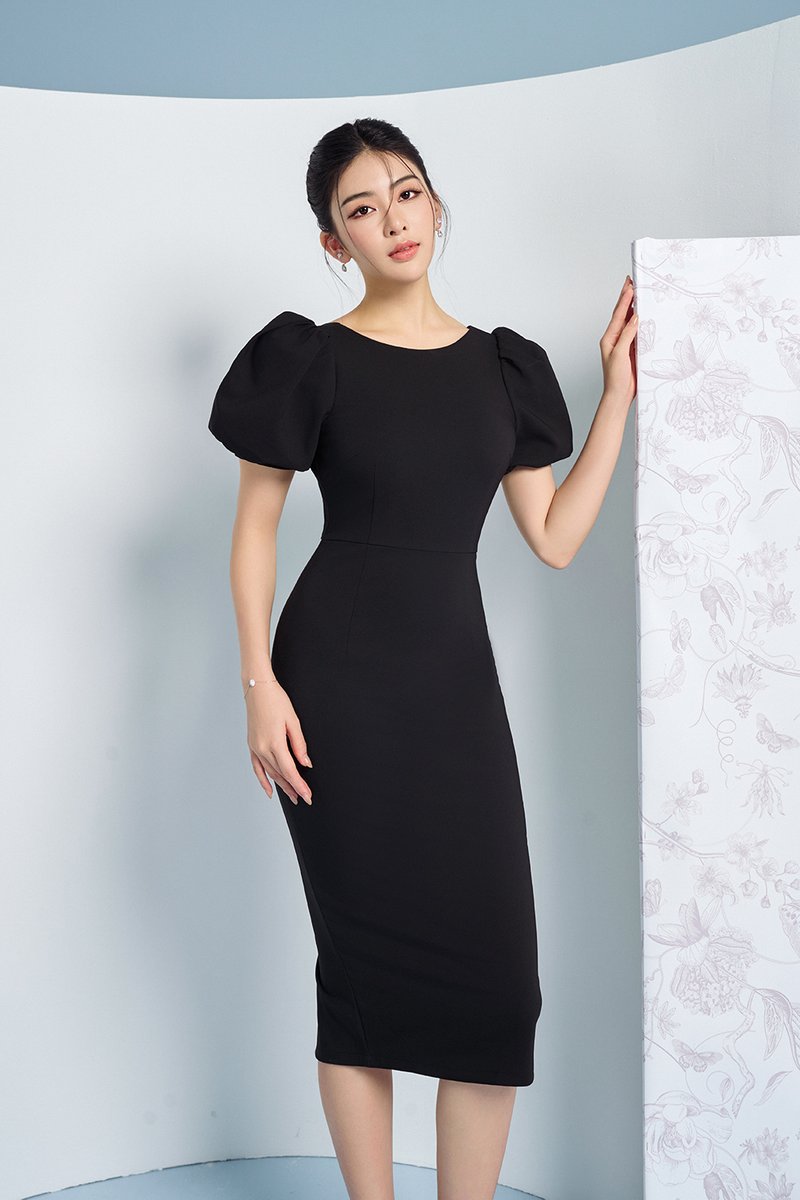 Emery Puffy Sleeves Pencil Dress in Classic Black | Chello