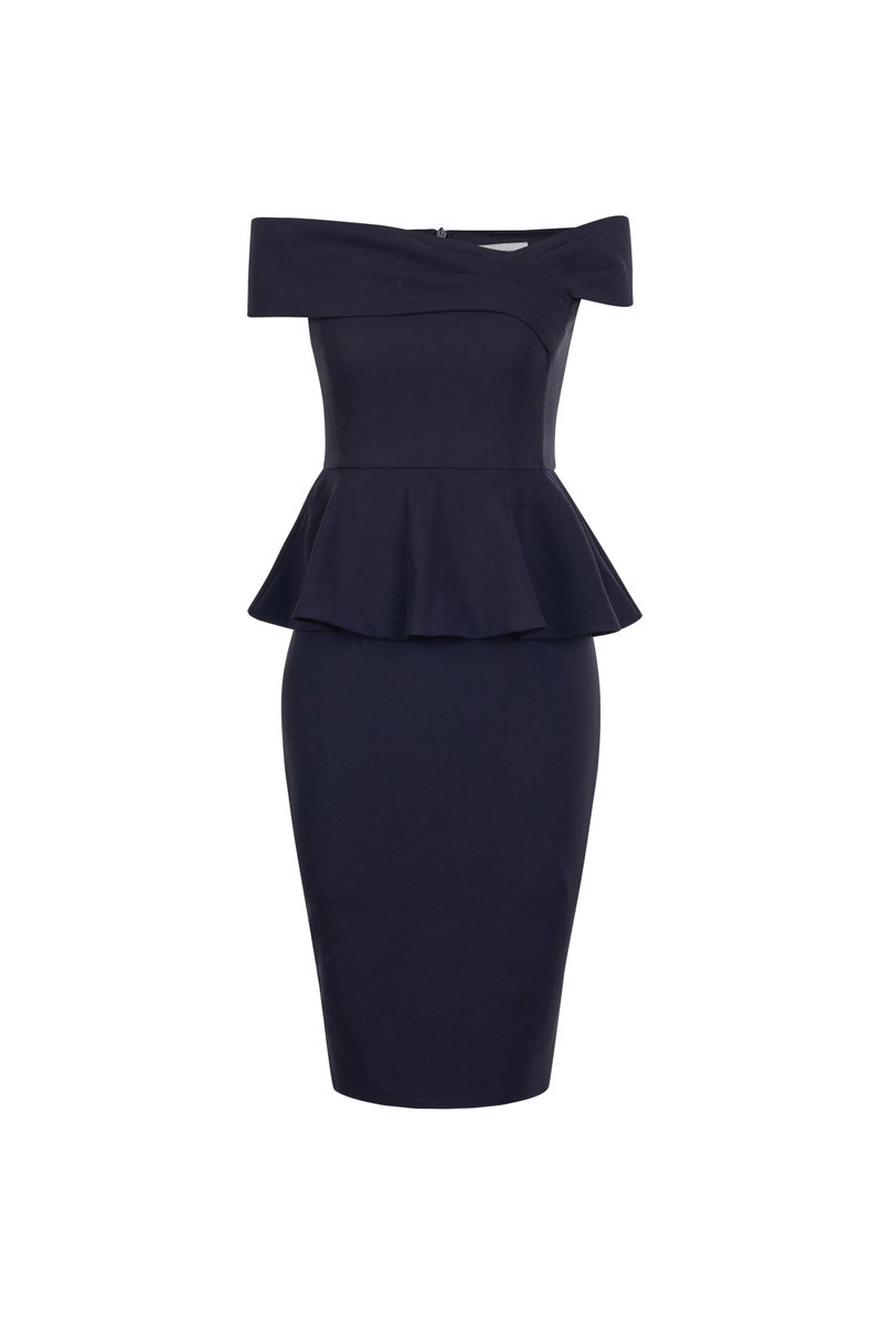 Lucille Off the Shoulder Pepum Pencil Dress in Navy Blue | Chello