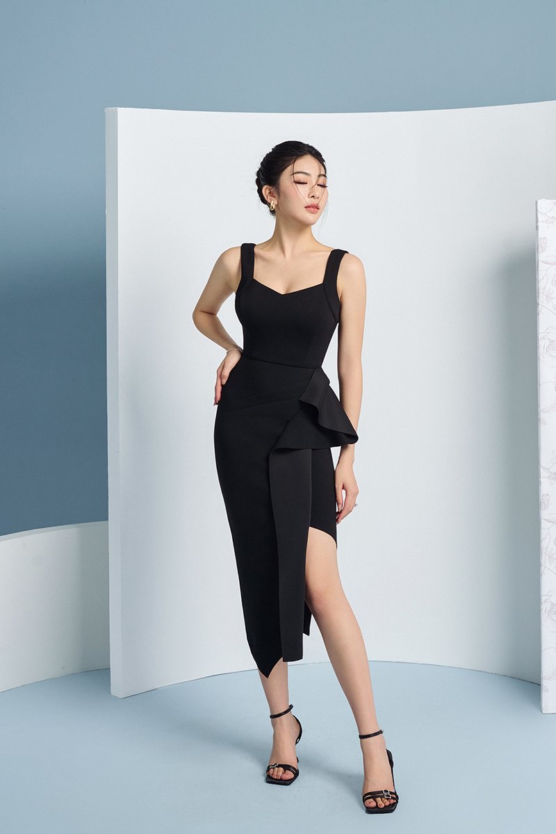 Odessa Asymmetric Origami Dress in Classic Black | Chello