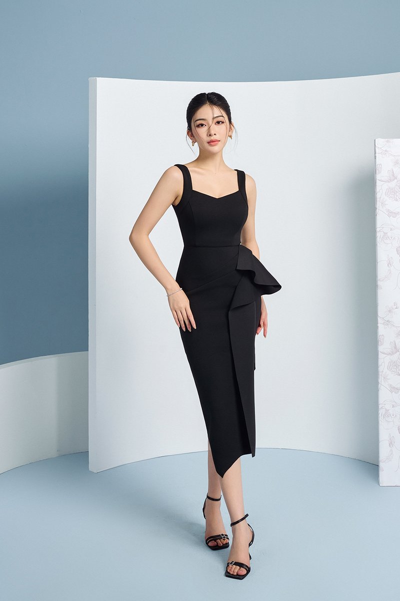Odessa Asymmetric Origami Dress in Classic Black | Chello