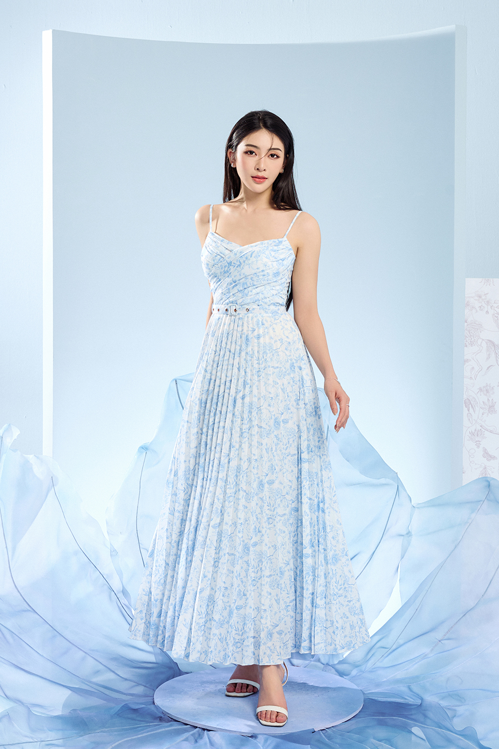 Eden Pleated Maxi Dress in Soft Blue Toile de Jouy Chello
