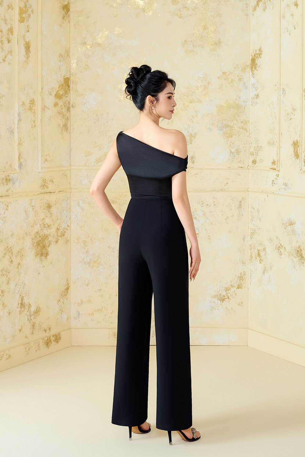 Aimee Drape Asymmetrical Jumpsuit In Classic Black