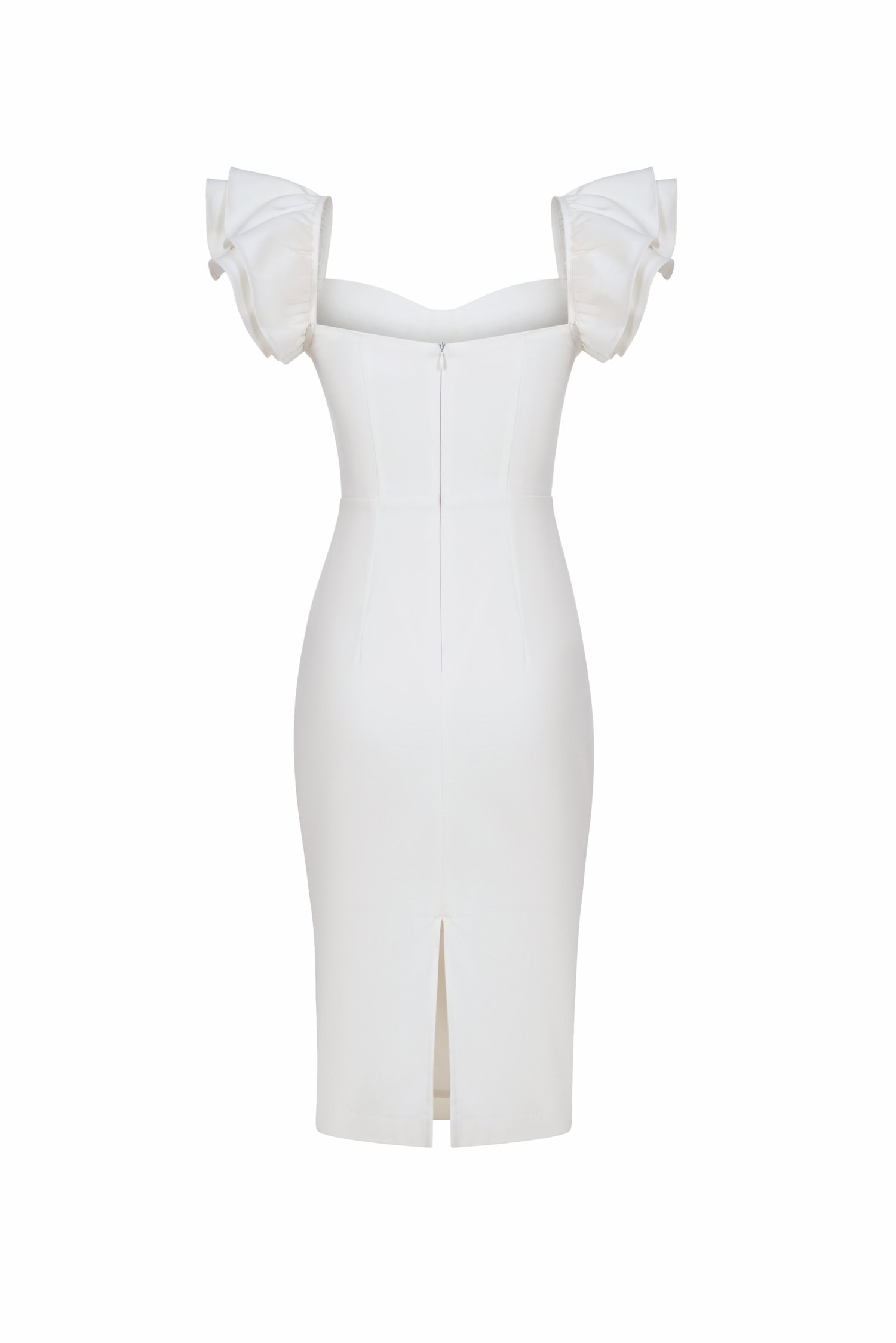 Carol Flutter Shoulder Pencil Dress in Iconic White