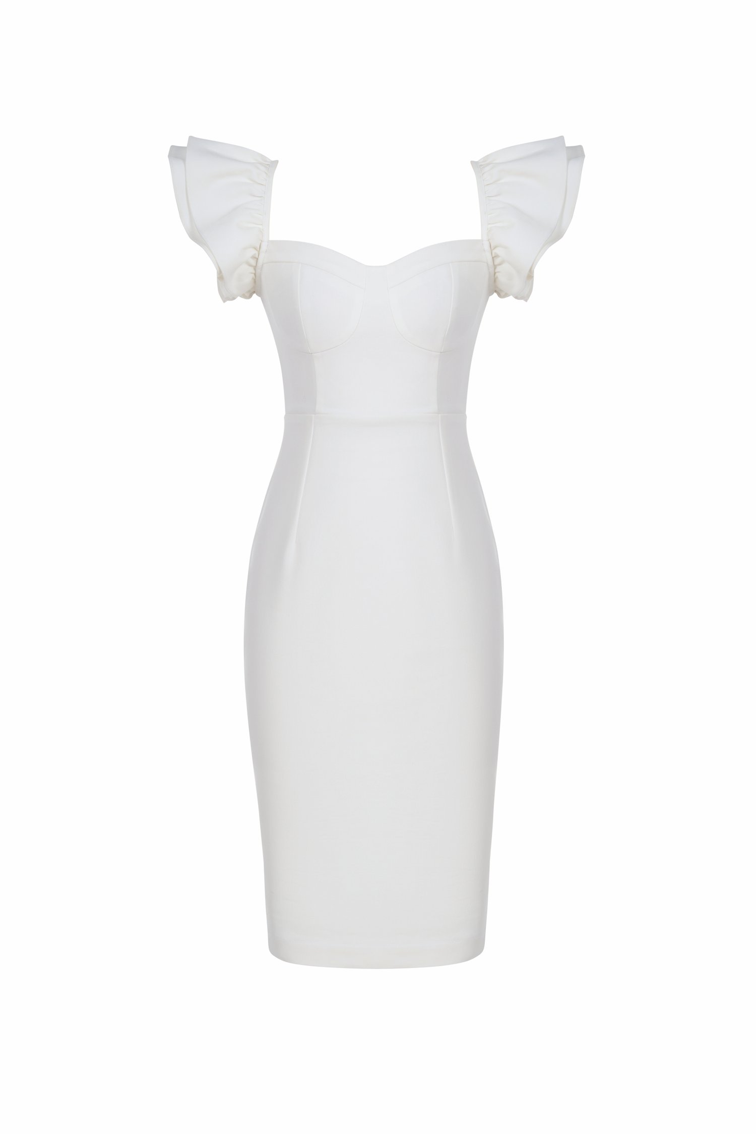 Carol Flutter Shoulder Pencil Dress in Iconic White
