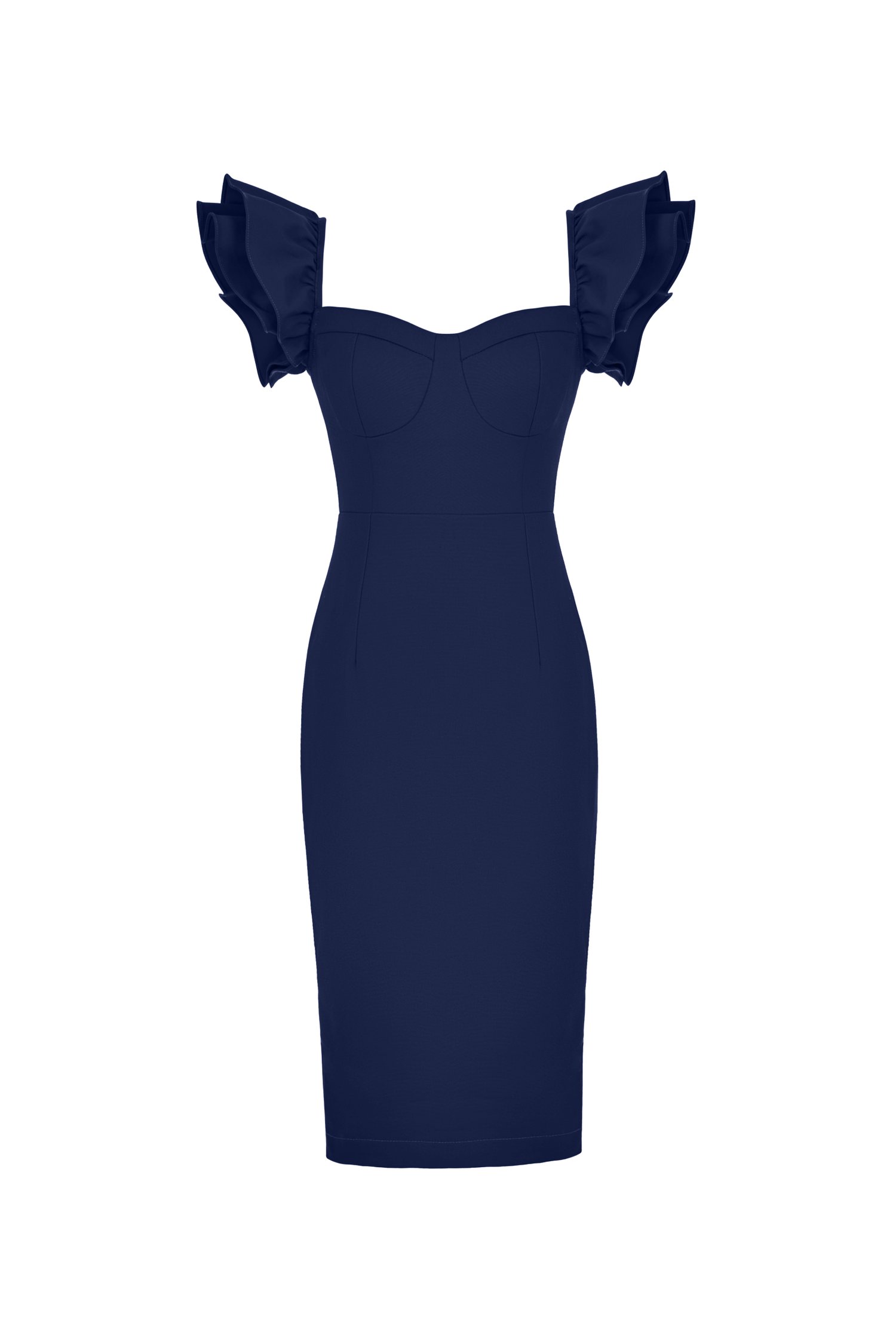 Carol Flutter Shoulder Pencil Dress in Space Blue