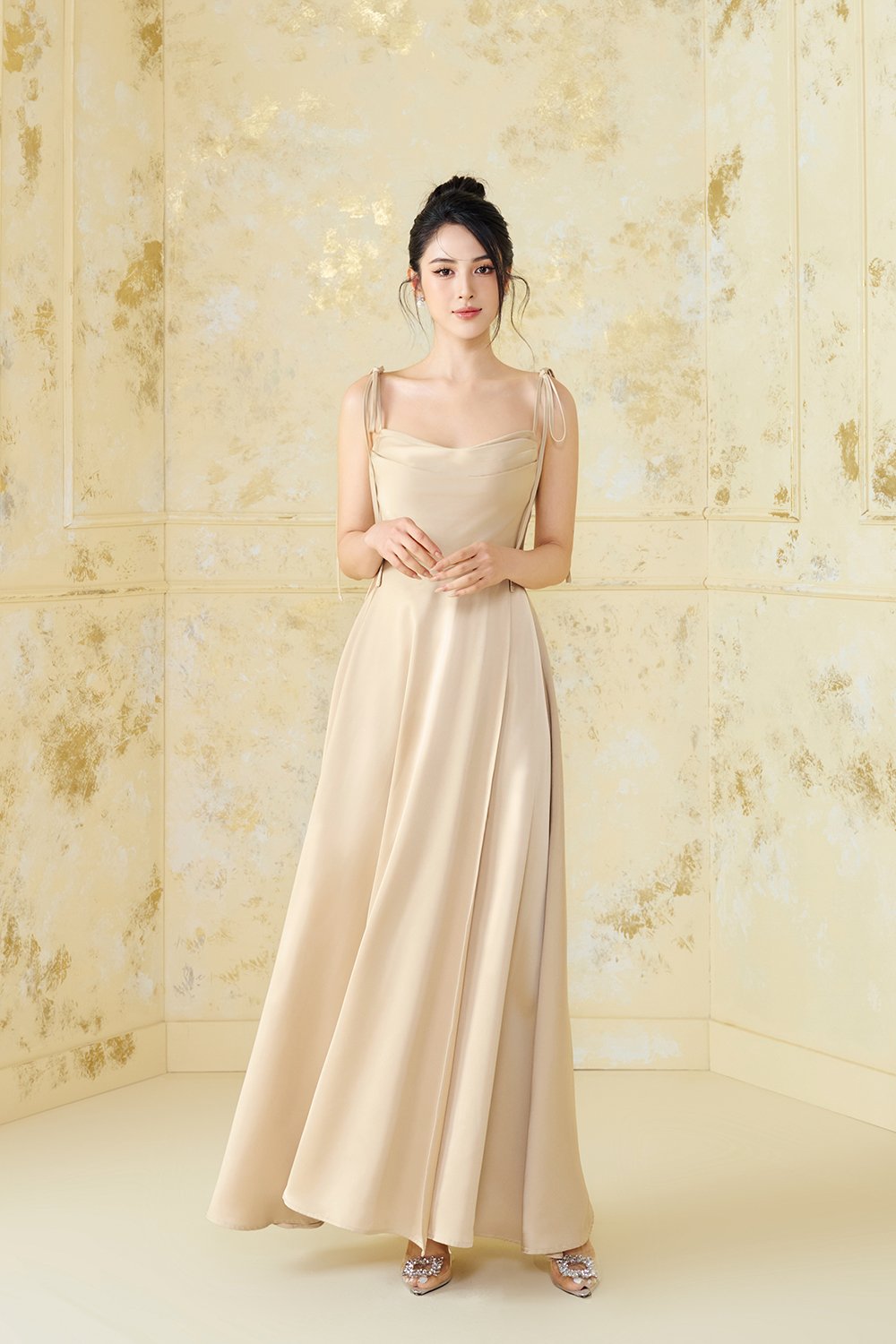 Cassidy Silky Satin Ribbon Strap Maxi Dress in Gold