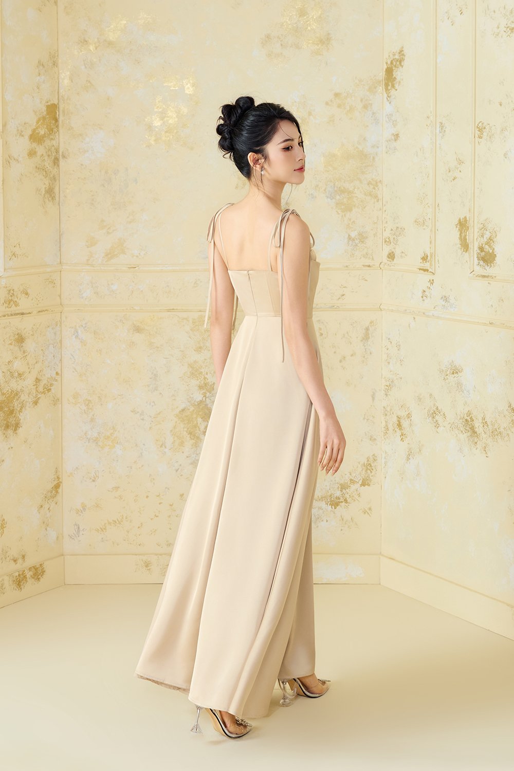 Cassidy Silky Satin Ribbon Strap Maxi Dress in Gold