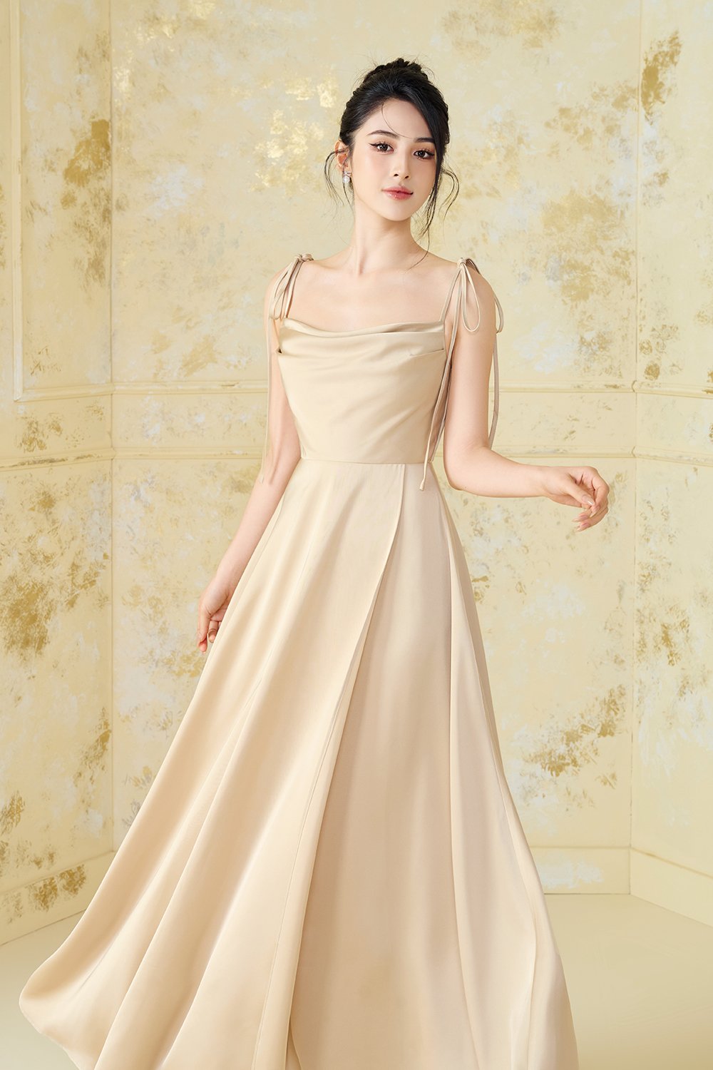 Cassidy Silky Satin Ribbon Strap Maxi Dress in Gold