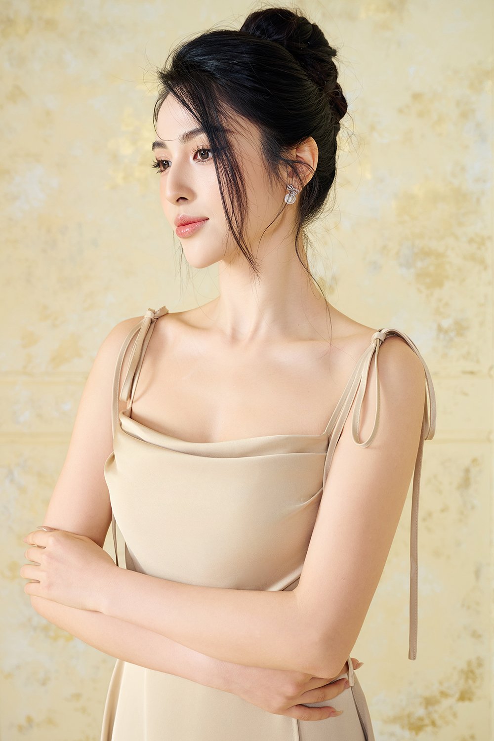 Cassidy Silky Satin Ribbon Strap Maxi Dress in Gold