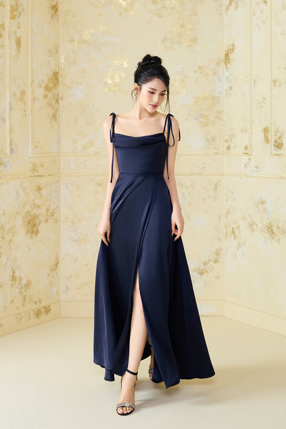 Cassidy Silky Satin Ribbon Strap Maxi Dress in Navy Blue