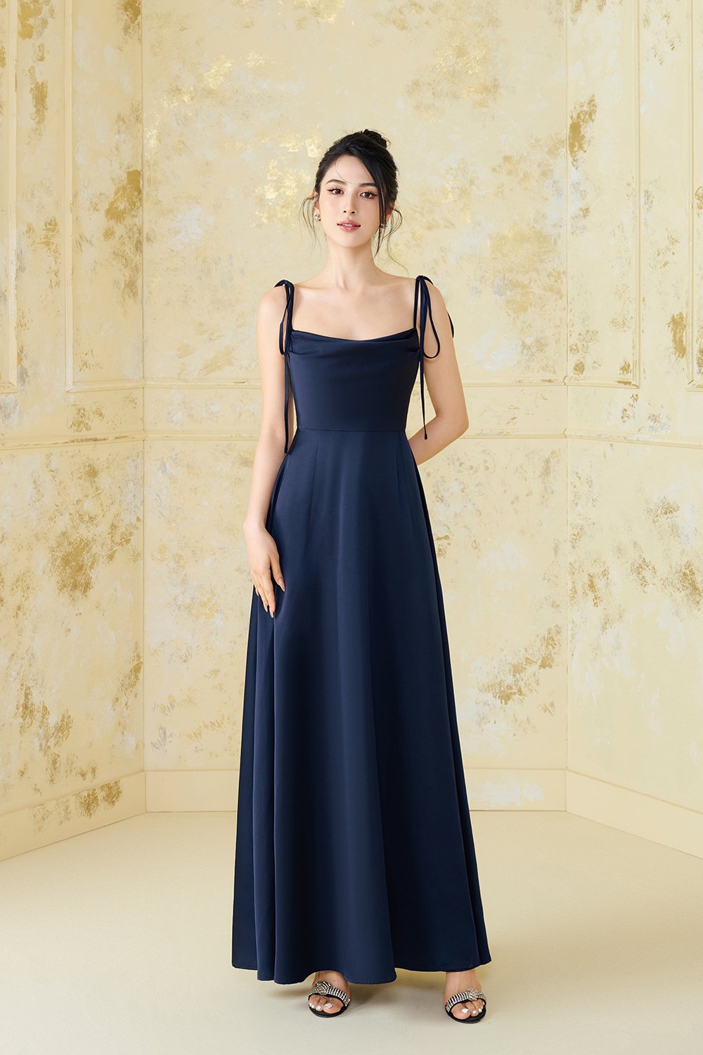 Cassidy Silky Satin Ribbon Strap Maxi Dress in Navy Blue