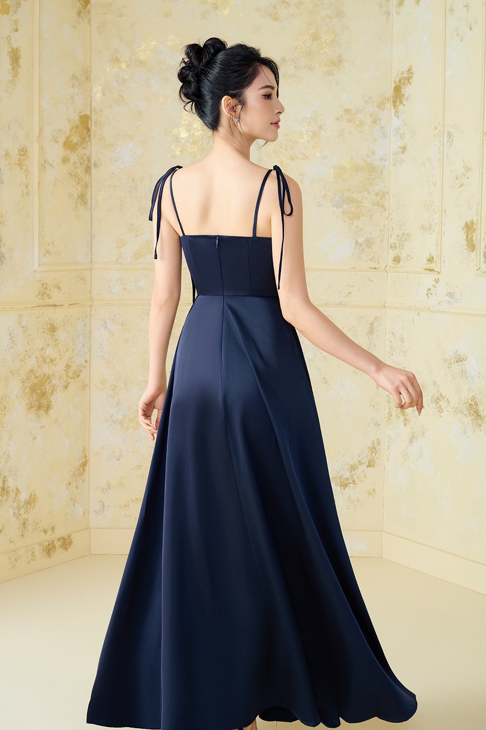 Cassidy Silky Satin Ribbon Strap Maxi Dress in Navy Blue