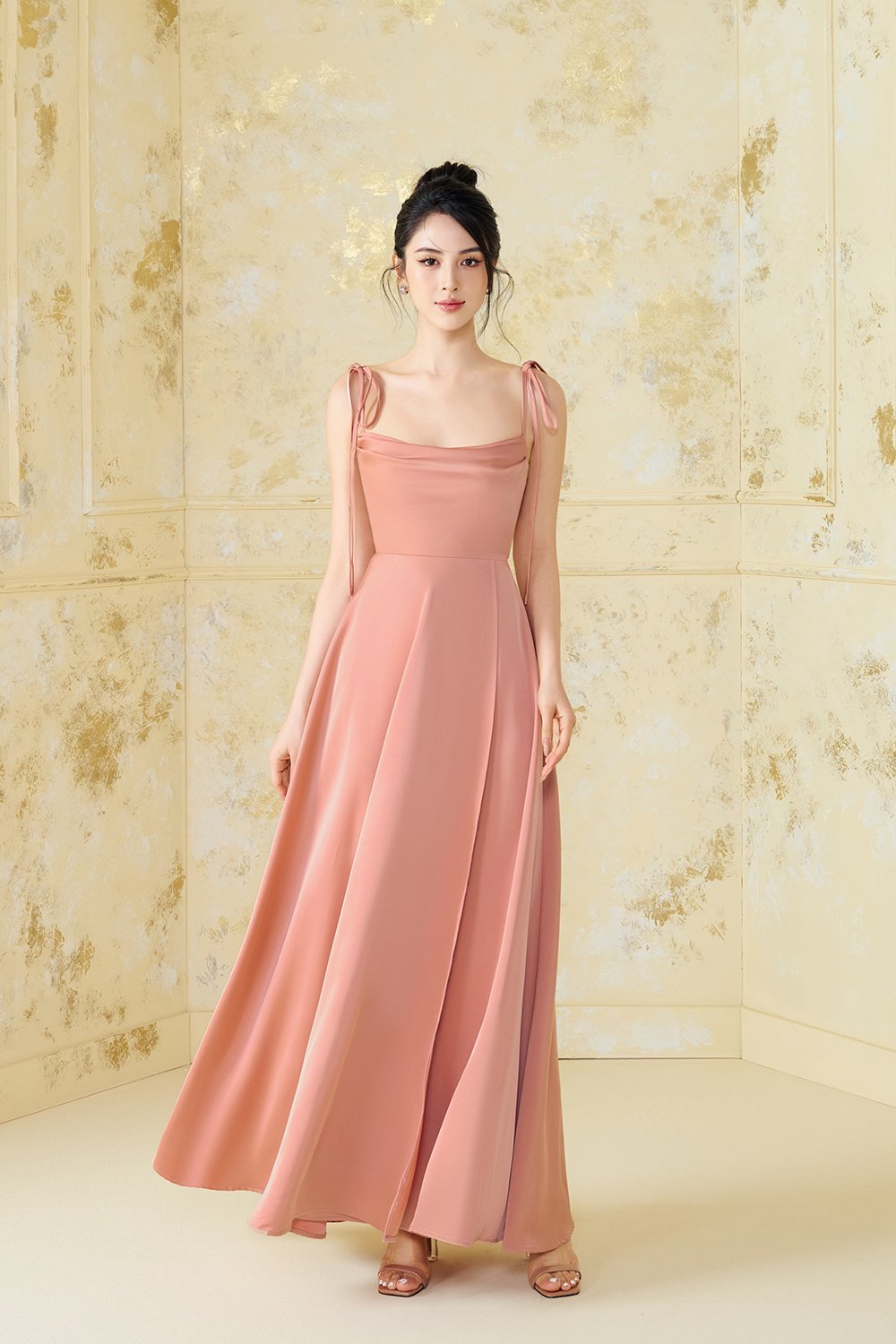 Cassidy Silky Satin Ribbon Strap Maxi Dress in Peach Apricot