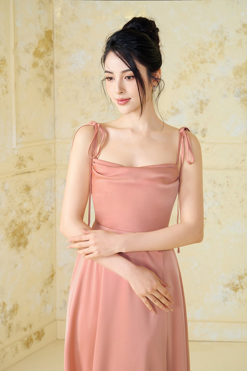 Cassidy Silky Satin Ribbon Strap Maxi Dress in Peach Apricot