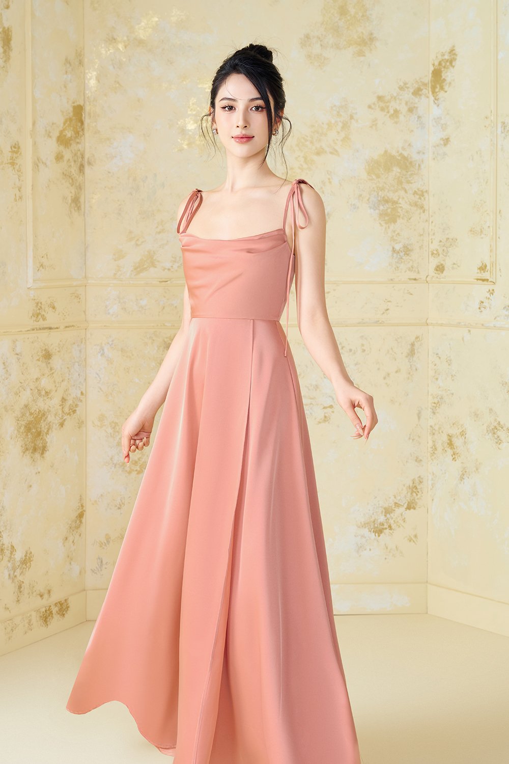 Cassidy Silky Satin Ribbon Strap Maxi Dress in Peach Apricot