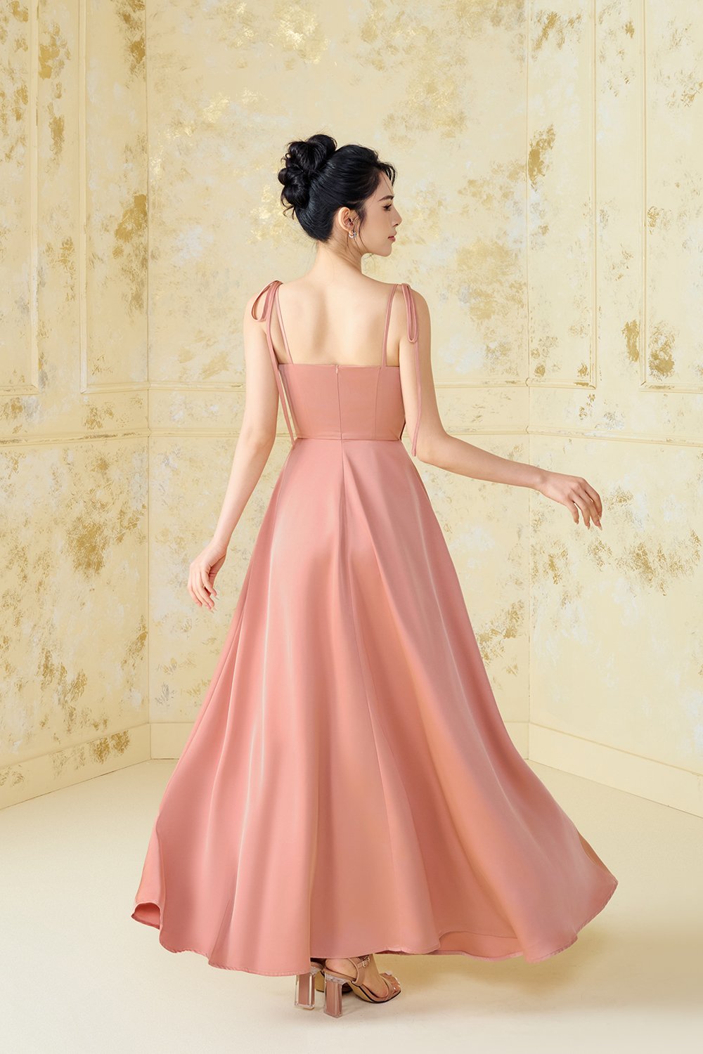 Cassidy Silky Satin Ribbon Strap Maxi Dress in Peach Apricot