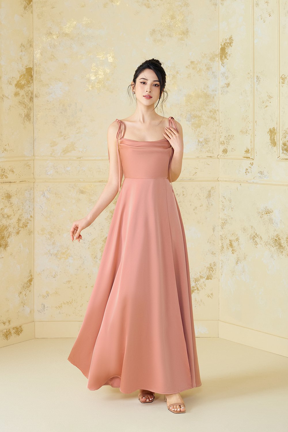 Cassidy Silky Satin Ribbon Strap Maxi Dress in Peach Apricot