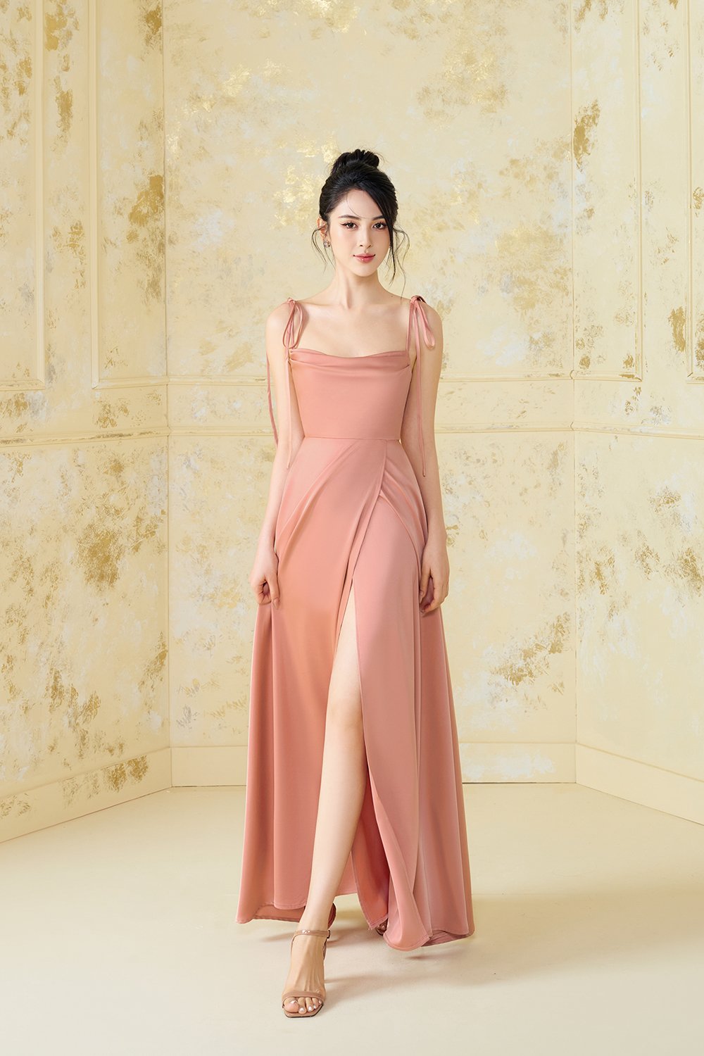 Cassidy Silky Satin Ribbon Strap Maxi Dress in Peach Apricot