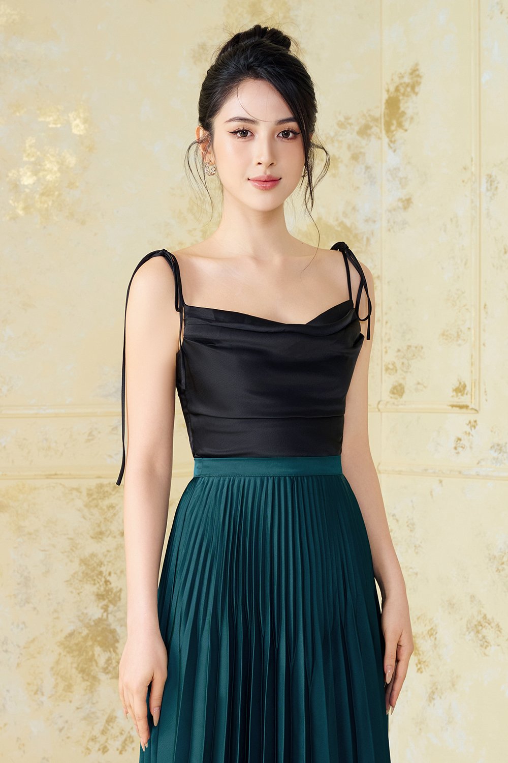 Desiree Asymmetrical Cowl Neck Strappy Ribbon Top in Classic Black