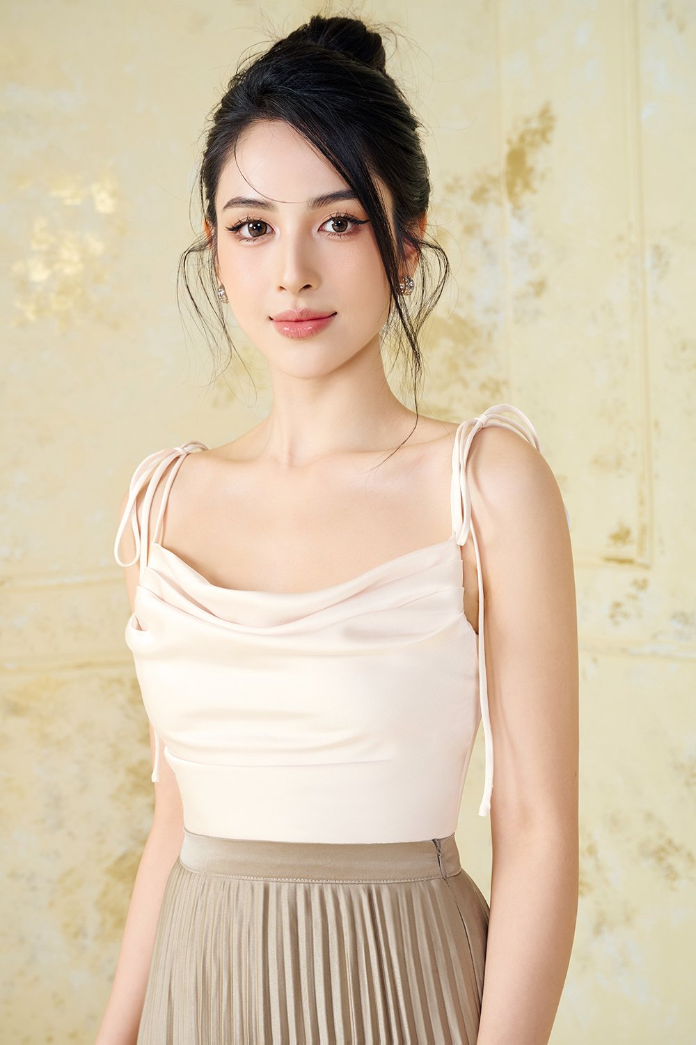 Desiree Asymmetrical Cowl Neck Strappy Ribbon Top in Creamy Ivory