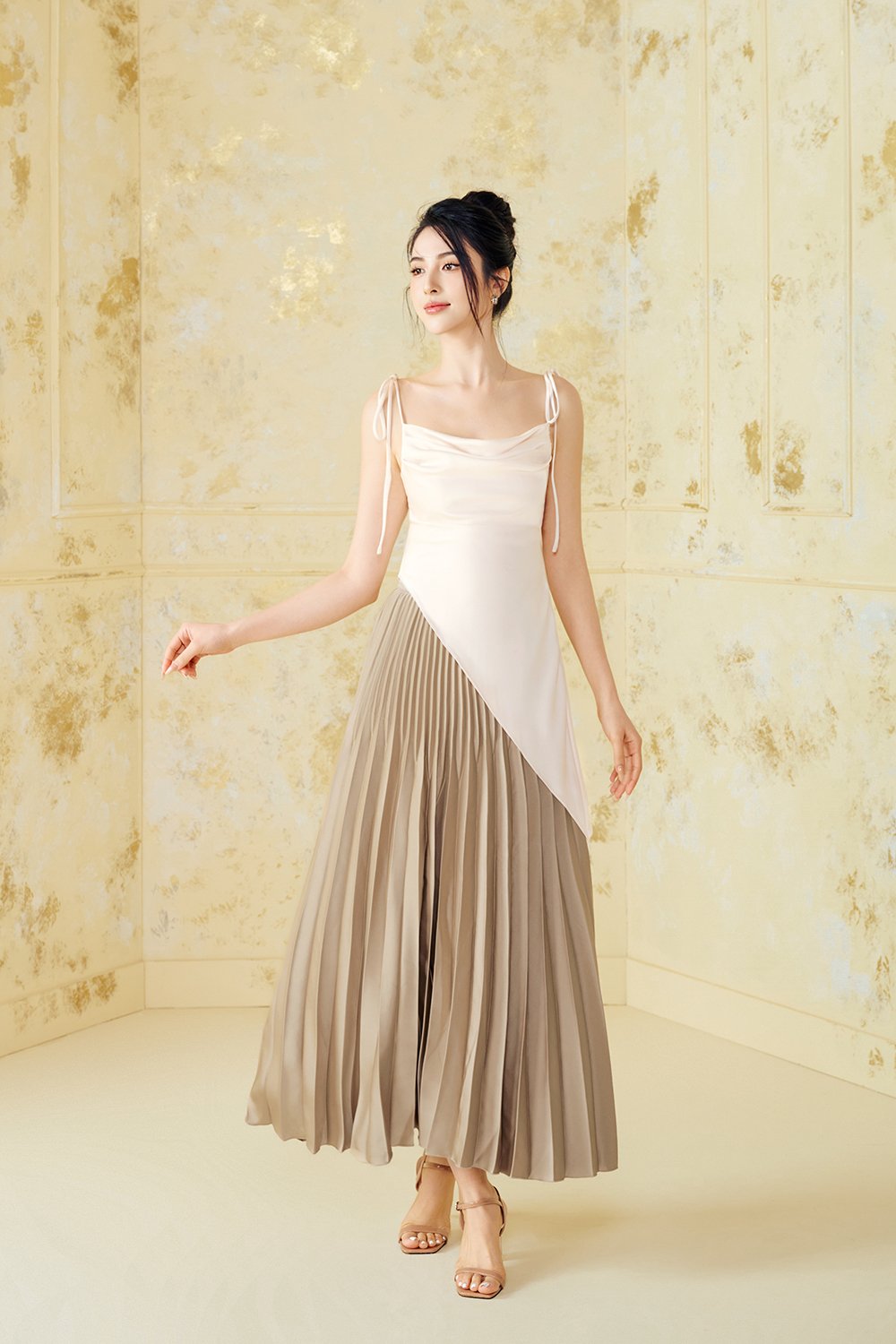 Seraphine Pleated Midi Skirt in Champagne Beige