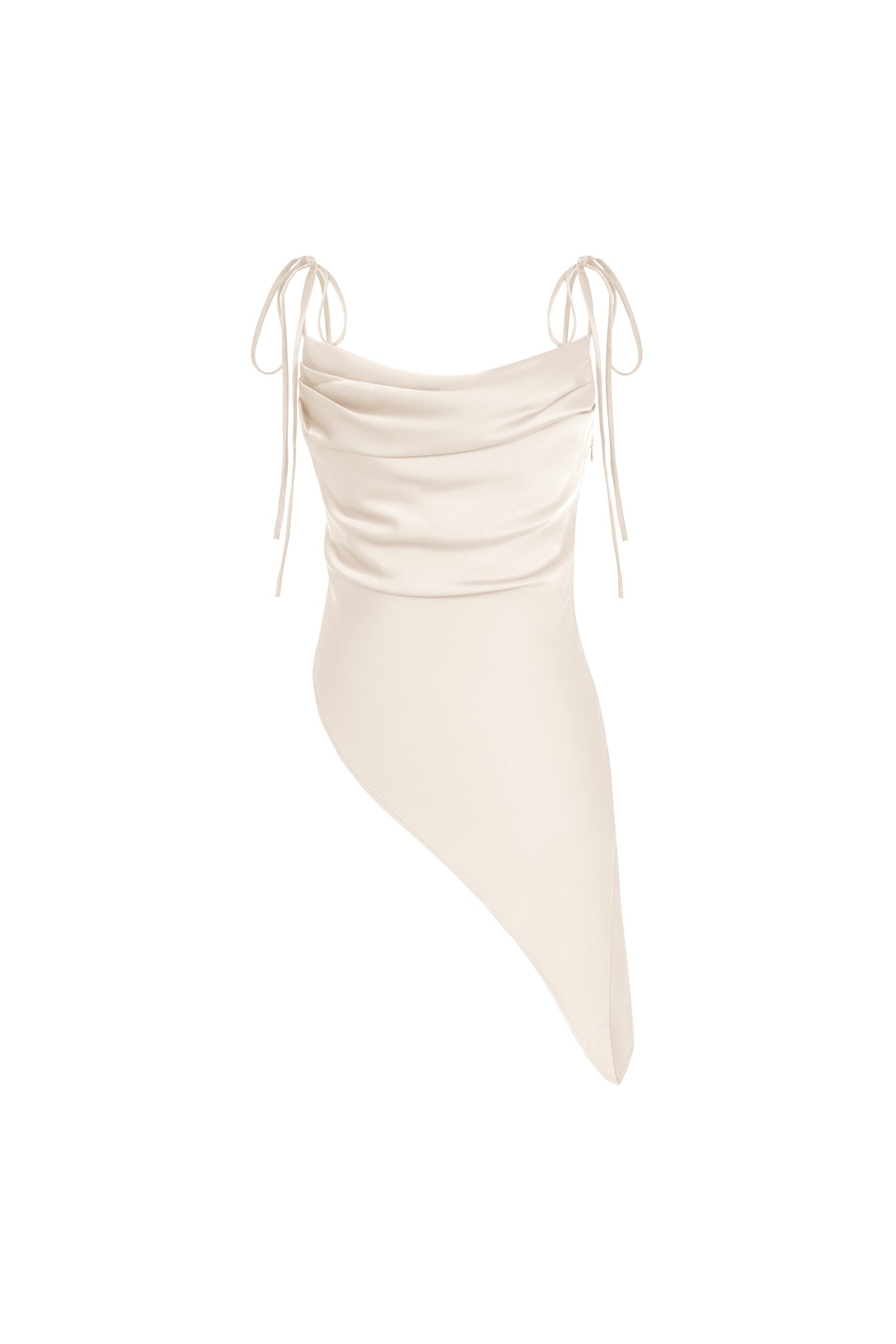 Desiree Asymmetrical Cowl Neck Strappy Ribbon Top in Creamy Ivory