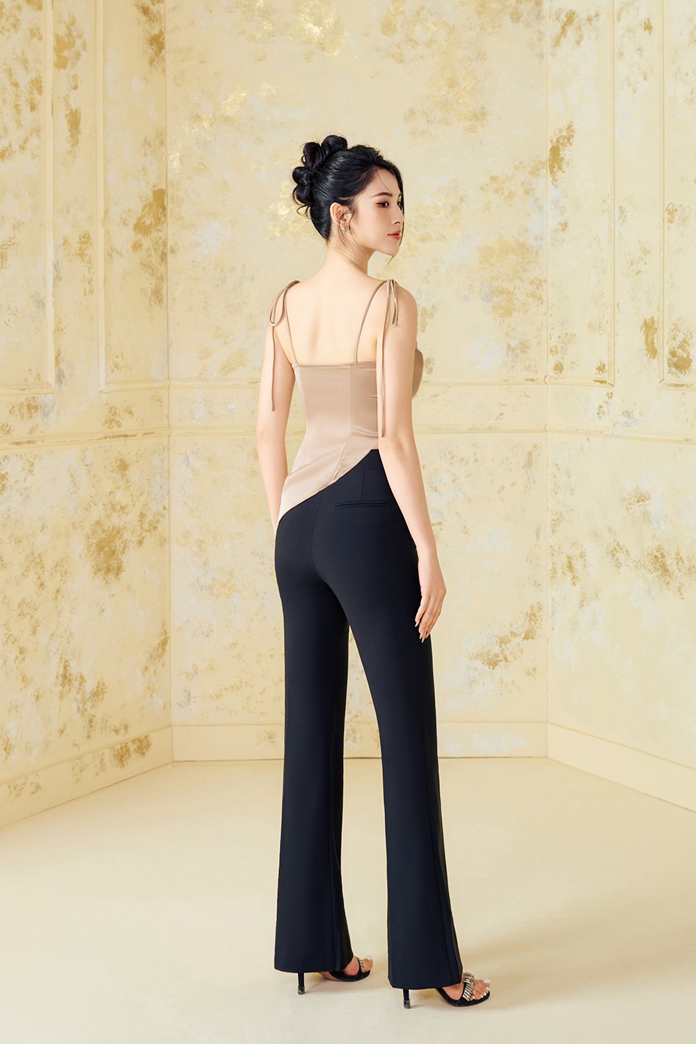 Desiree Asymmetrical Cowl Neck Strappy Ribbon Top in Nude Champagne