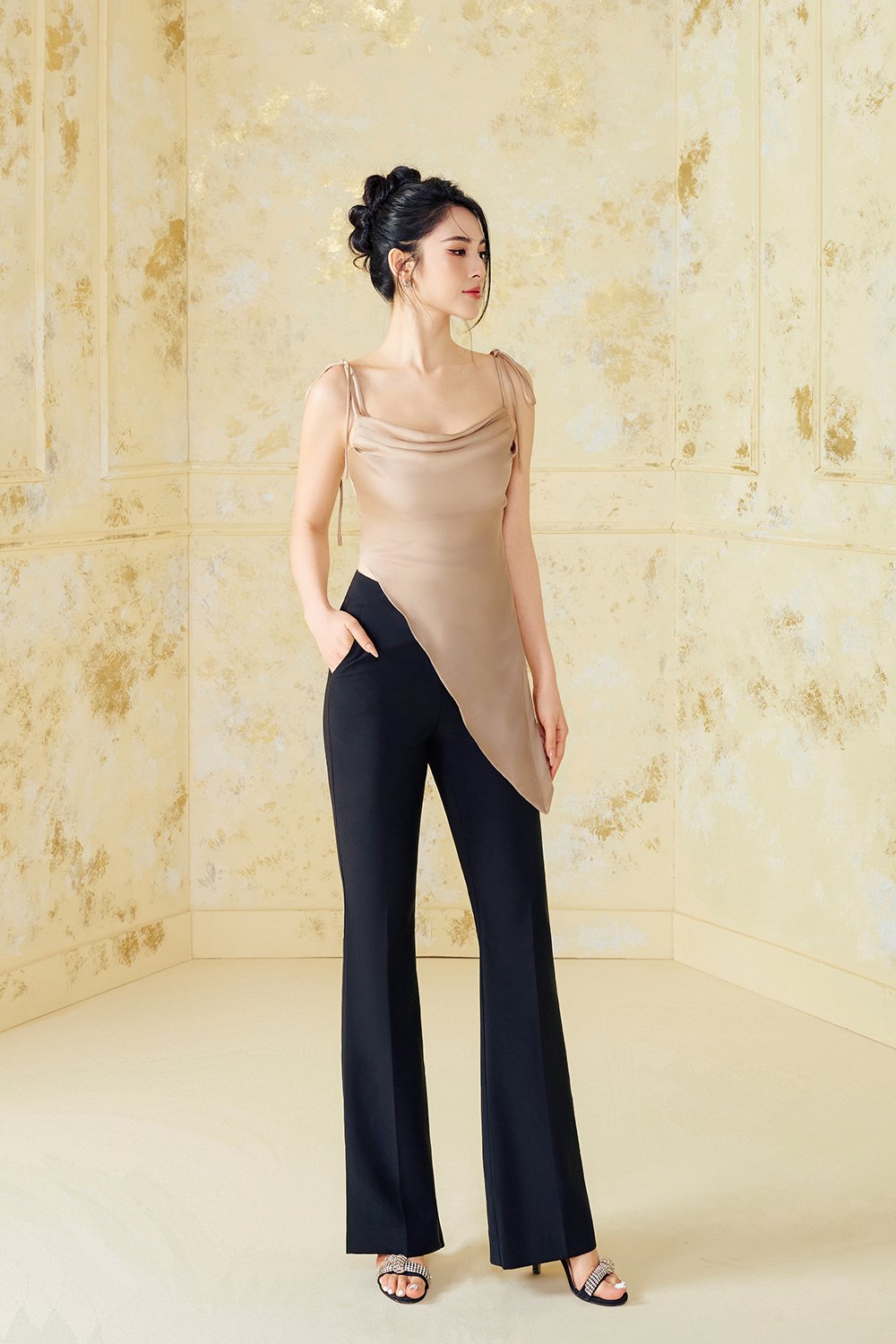 Desiree Asymmetrical Cowl Neck Strappy Ribbon Top in Nude Champagne