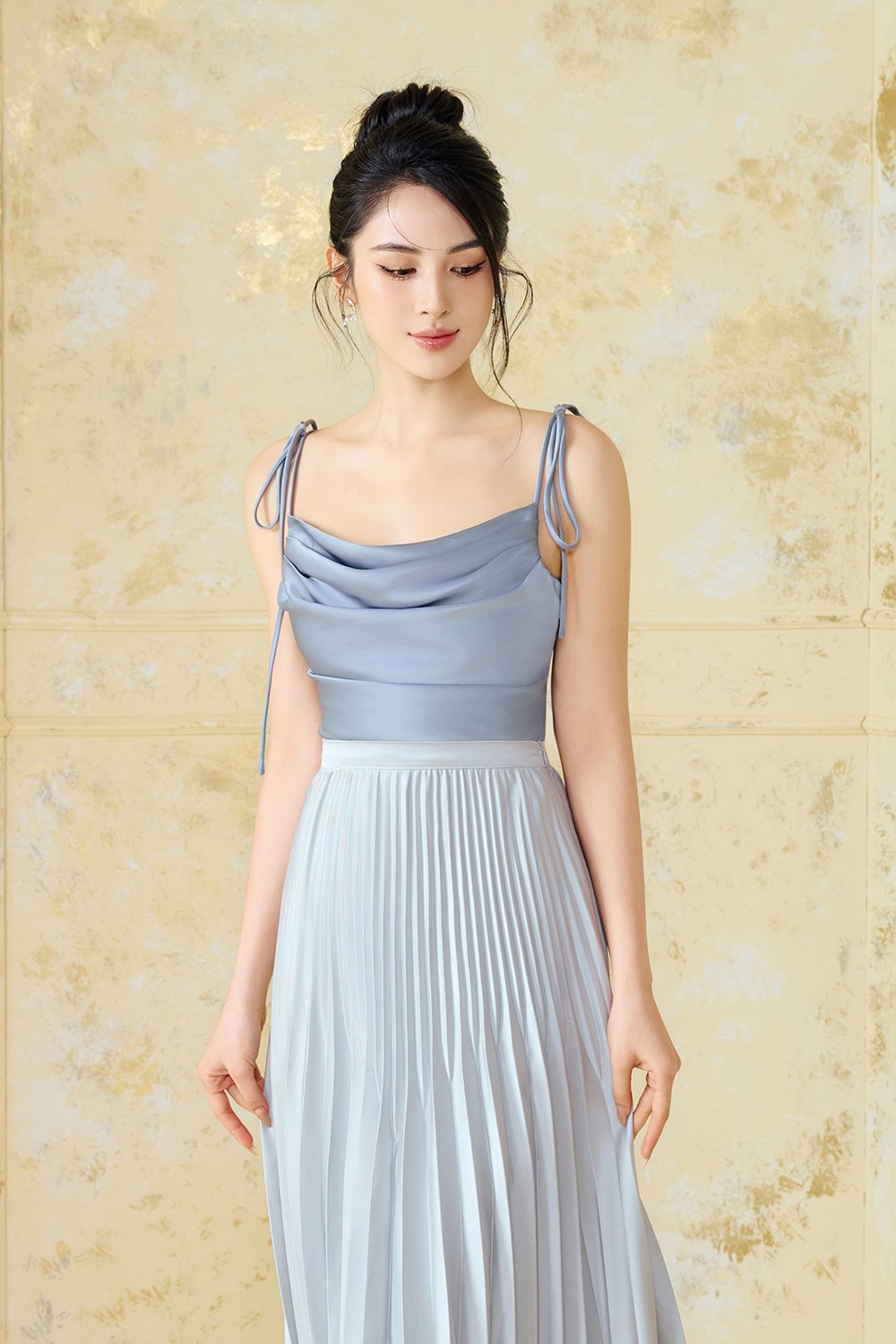 Desiree Asymmetrical Cowl Neck Strappy Ribbon Top in Titanium Blue