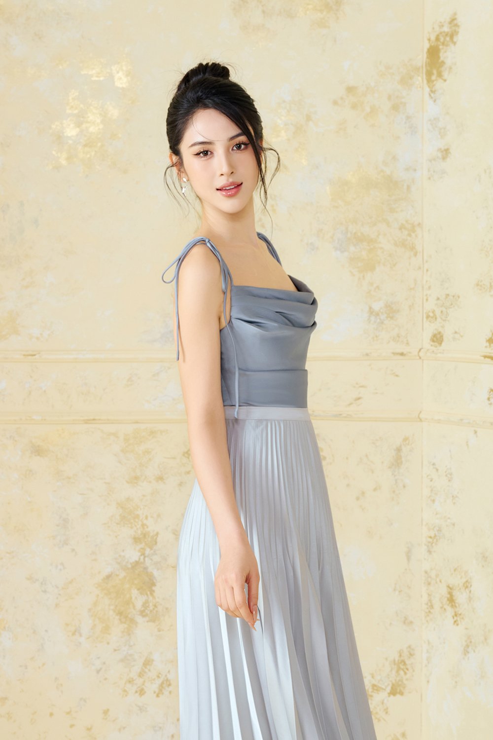 Desiree Asymmetrical Cowl Neck Strappy Ribbon Top in Titanium Blue