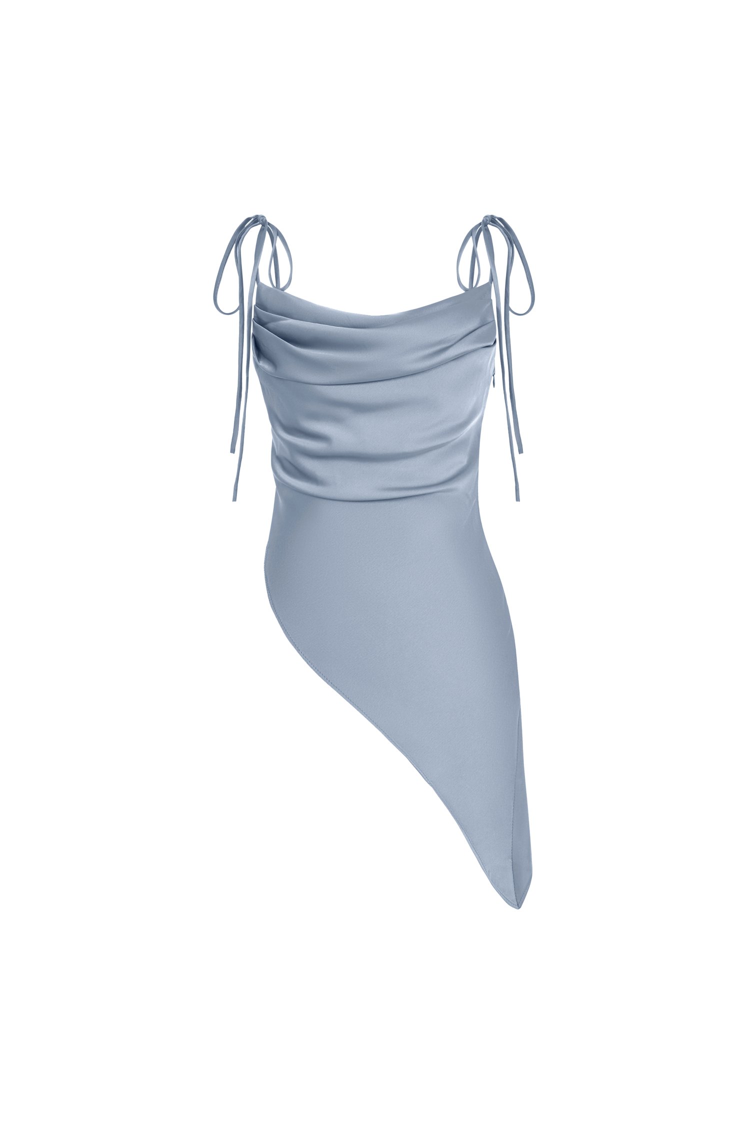 Desiree Asymmetrical Cowl Neck Strappy Ribbon Top in Titanium Blue