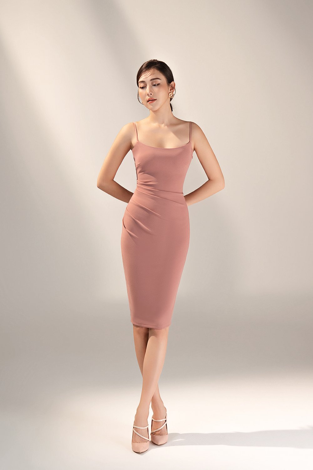 Ellery Padded Twist Back Ruched Dress in Dusty Rose